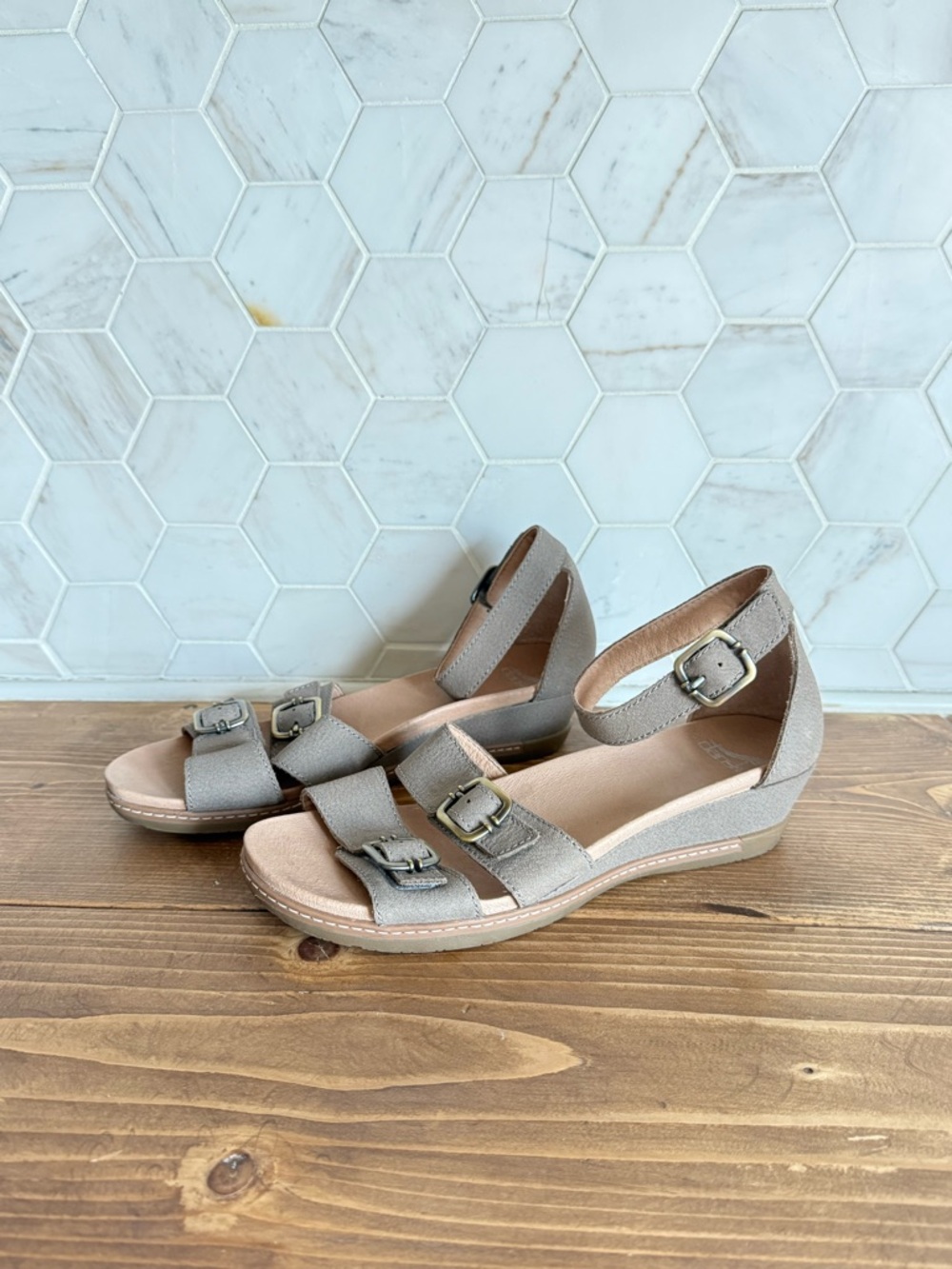 Dansko Astrid Taupe Leather Buckle Ankle-Strap Sandals